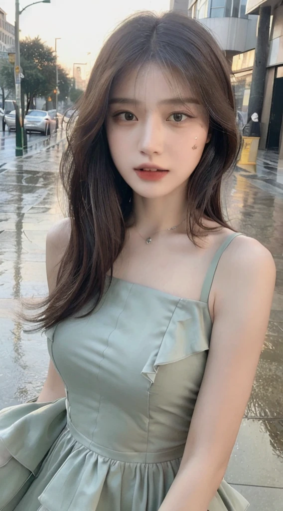 ((Best Quality, 8K, Masterpiece:1.3)), Focus:1.2, Perfect Body Beauty:1.4, Buttocks:1.2, (Layered Haircut:1.2)), (Rain, Street:1.3), Bandeau Dress:1.1, Highly Detailed Face and Skin Texture, Delicate Eyes, Double Eyelids, Whitened Skin, Long Hair, (Round Face: 1.5)