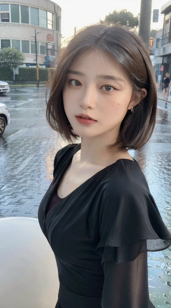 ((Best Quality, 8K, Masterpiece:1.3)), Focus:1.2, Perfect Body Beauty:1.4, Buttocks:1.2, (Layered Haircut:1.2)), (Rain, Street:1.3), Bandeau Dress:1.1, Highly Detailed Face and Skin Texture, Delicate Eyes, Double Eyelids, Whitened Skin, Long Hair, (Round Face: 1.5)