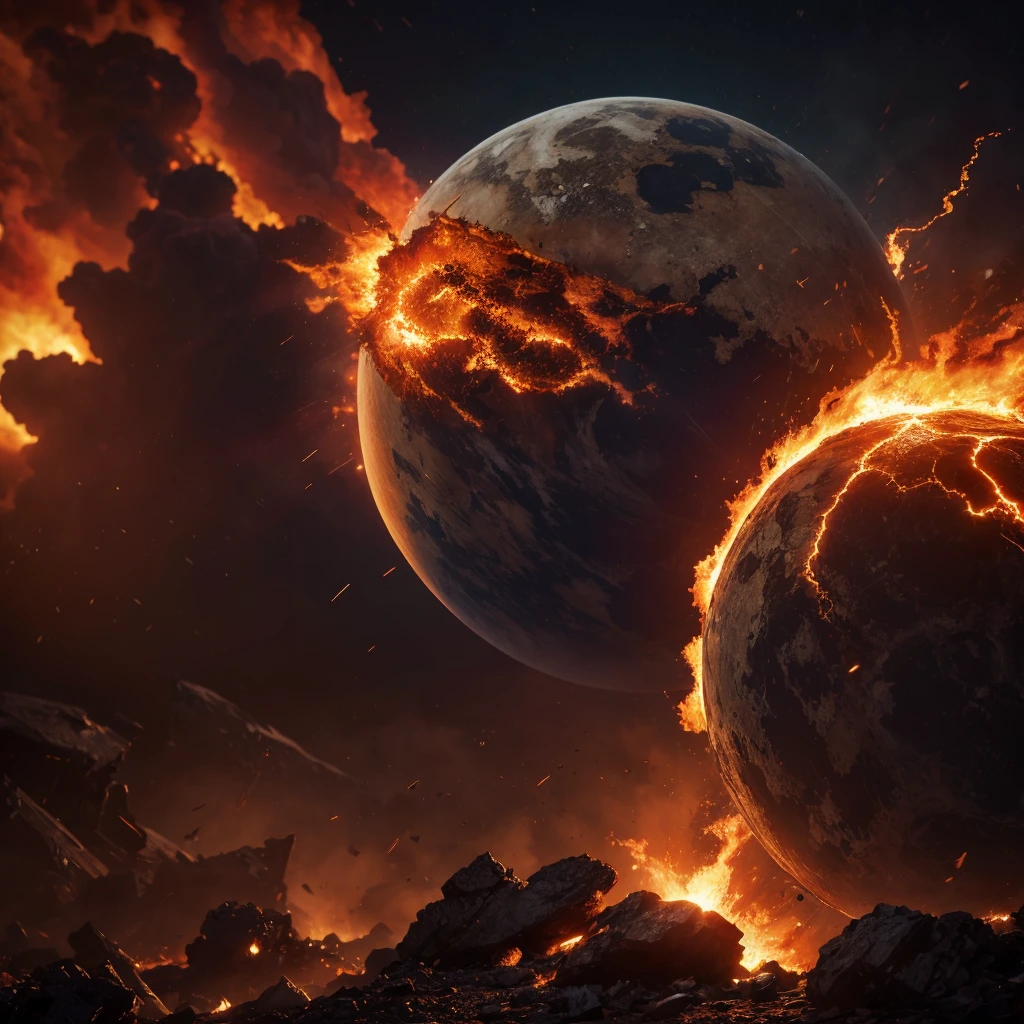 a planet earth exploding, realistic 3d render, highly detailed, 8k, photorealistic, cinematic lighting, dramatic scene, glowing molten core, cracks forming on surface, intense colors, fiery explosions, billowing smoke, dynamic camera angle, cinematic composition, award winning cgi