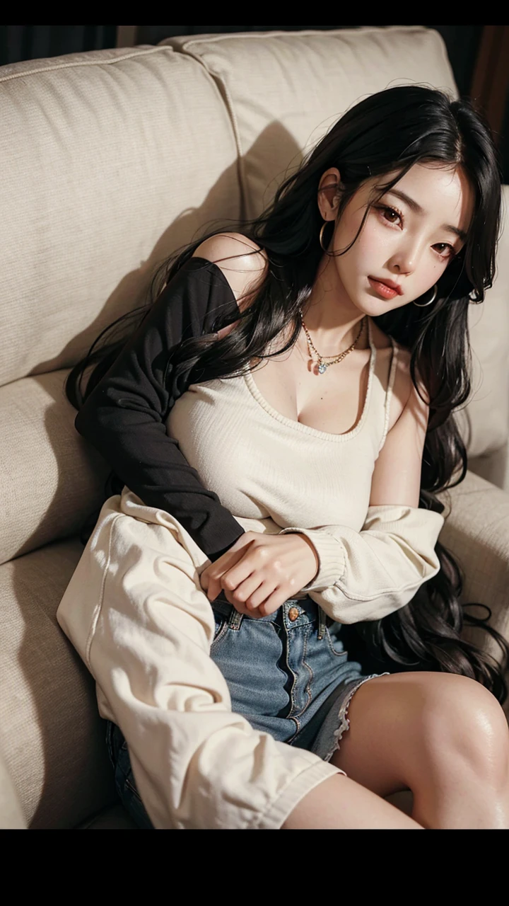 Mature woman lying on the sofa., with big wavy black hair, wearing braces, plump figure, Delicate facial features, realistic image quality, an asian woman, age around 40 years, Surreal