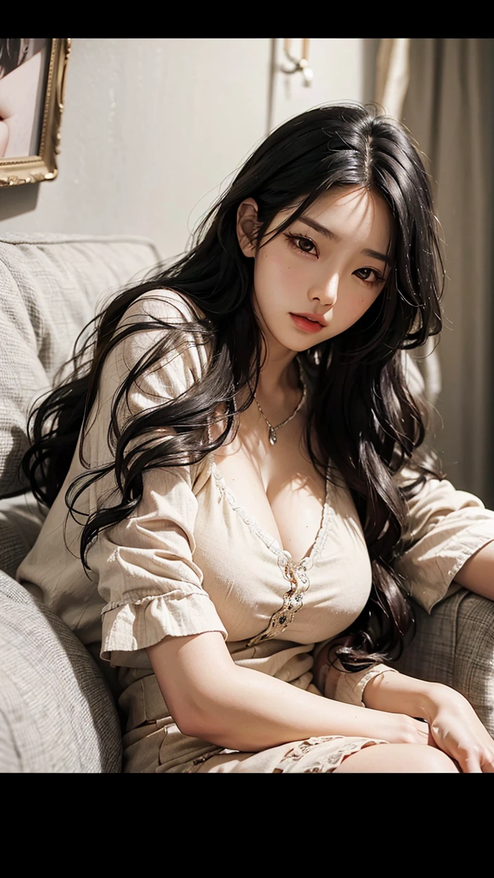 Mature woman lying on the sofa., with big wavy black hair, wearing braces, plump figure, Delicate facial features, realistic image quality, an asian woman, age around 40 years, Surreal