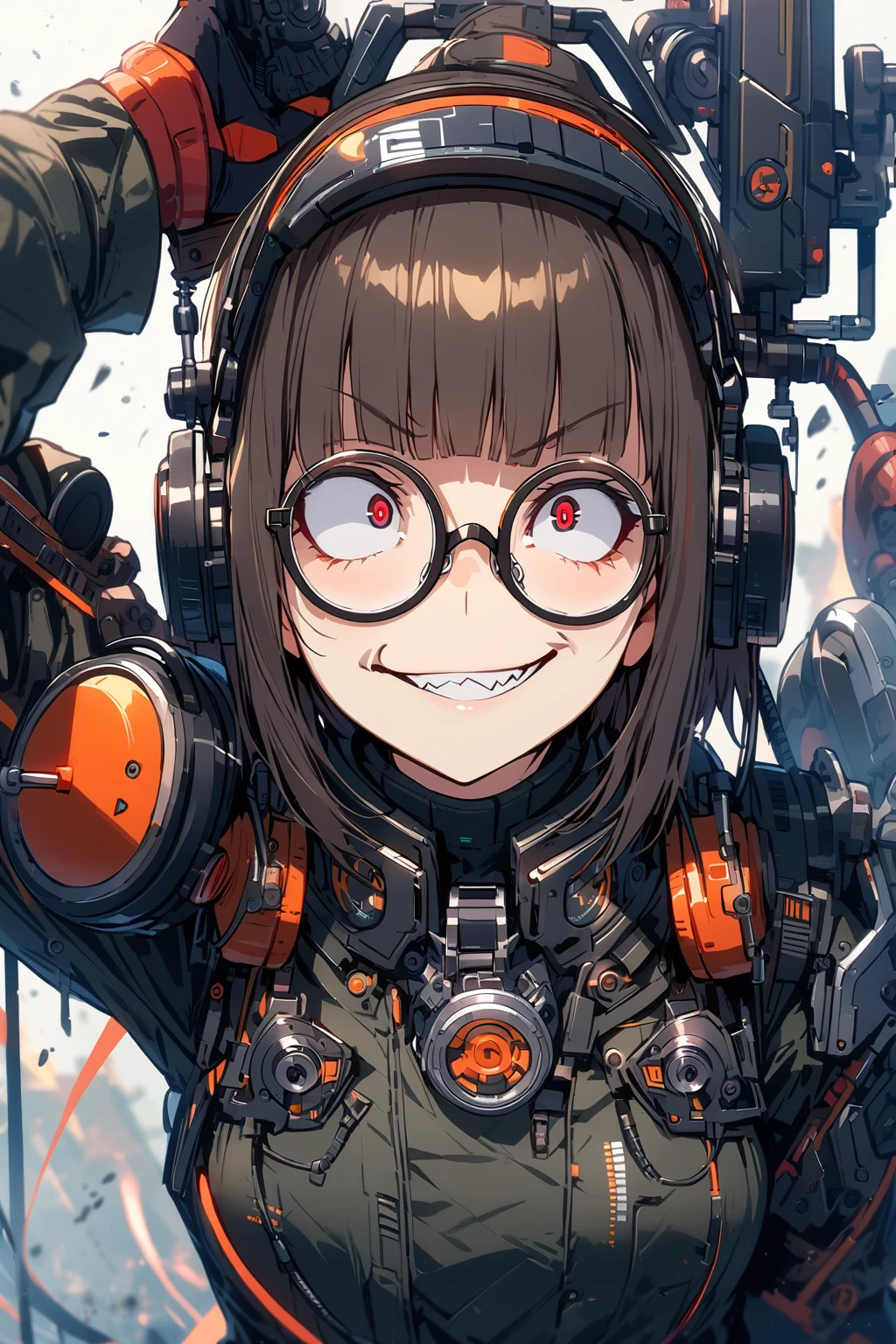 (extremely detailed fine touch:1.3), (((semi-rimless round eyewear:1.3))), (headphone:1.2), short hair, blunt bangs, 1 girl, evil smile, machine clothes, holding chainsaw,