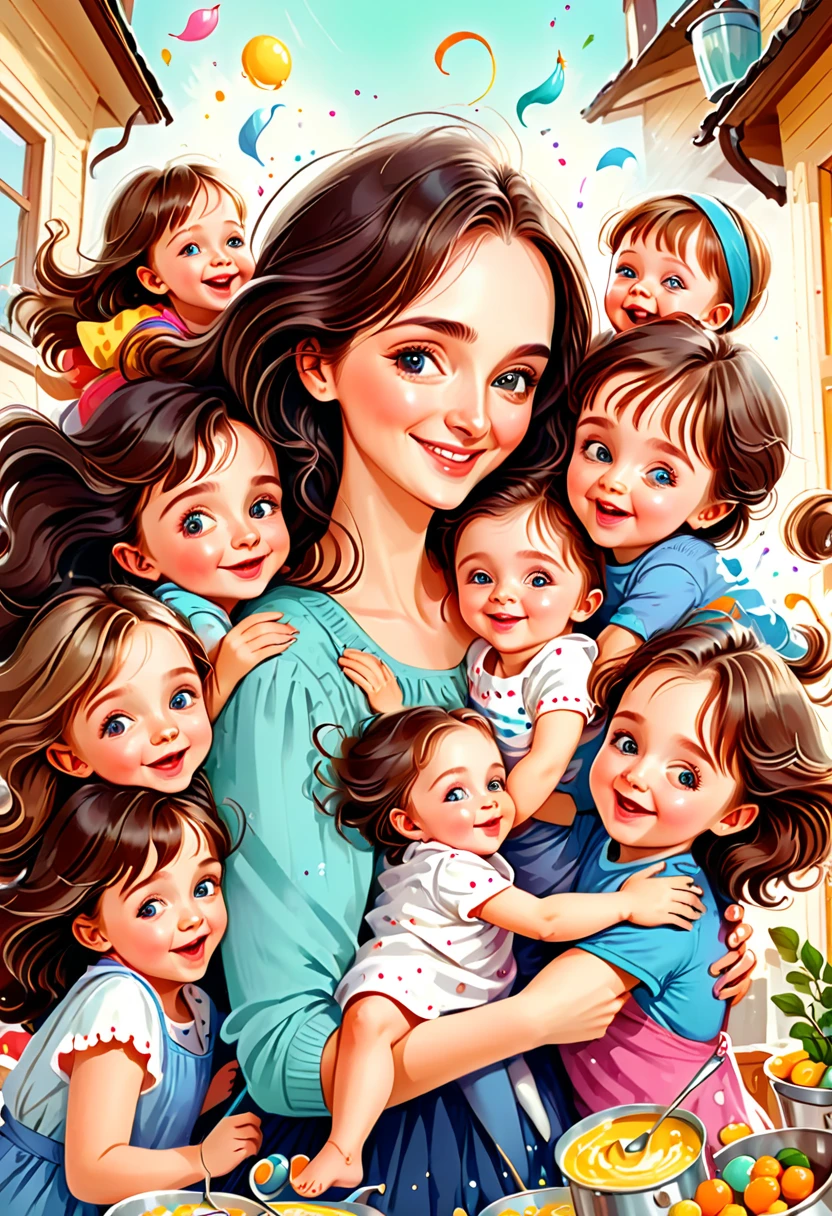 a hyper-detailed illustration of "a mom of 44 children," sweet colors, Elina Karinova, 8k resolution, heartwarming, family portrait, multiple siblings, busy household, joyful chaos, loving mother, whimsical style, high detail, digital painting, trending on social media