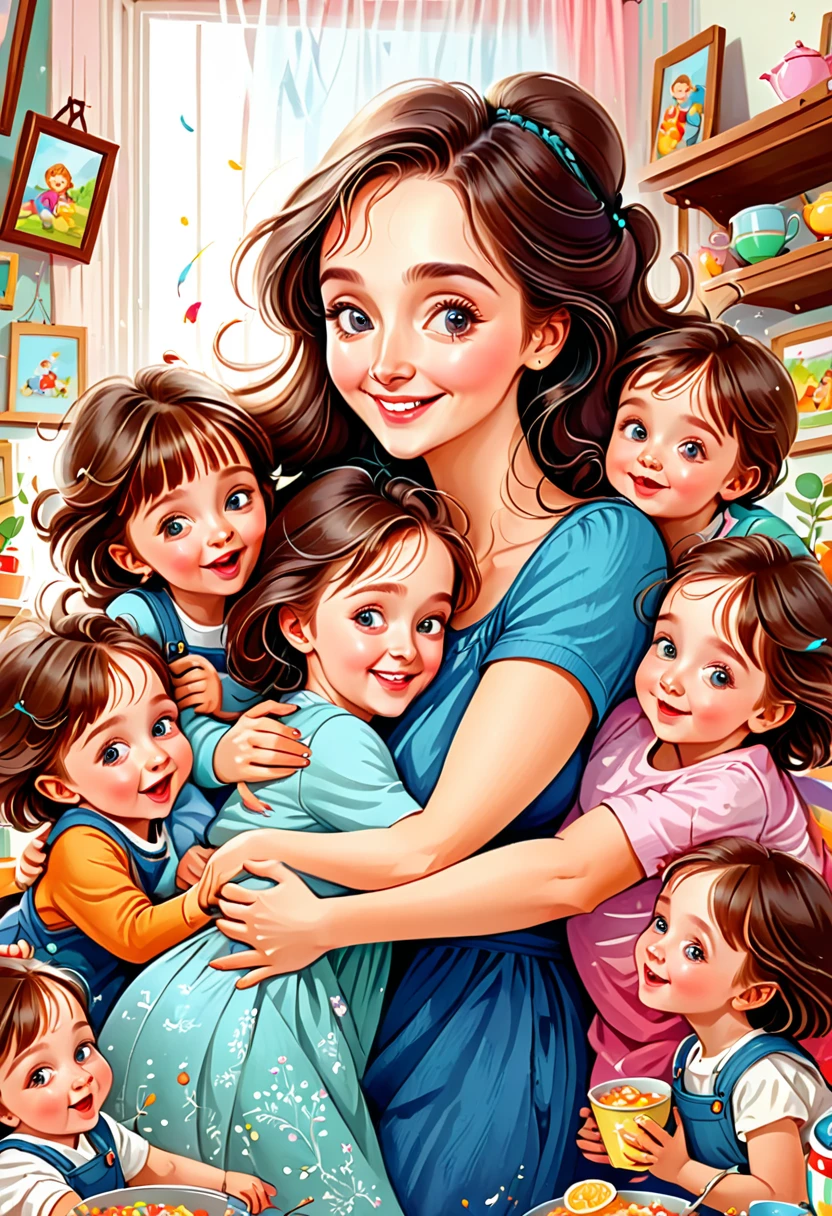 a hyper-detailed illustration of "a mom of 44 children," sweet colors, Elina Karinova, 8k resolution, heartwarming, family portrait, multiple siblings, busy household, joyful chaos, loving mother, whimsical style, high detail, digital painting, trending on social media