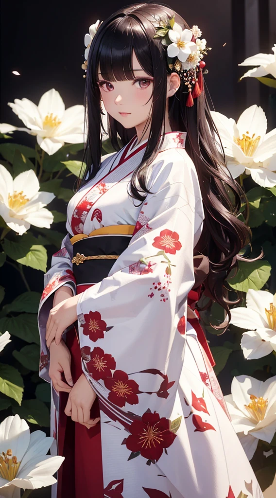 The background is a world of white flowers、(((Highest quality))), Tabletop, High resolution, (((One Girl))), ,Purple eyes、Long black hair,(((The bangs are wavy))),(((Red long hair ornament))),(Sharp face),Dark pink kimono、((Dark red floral kimono)), Tyndall effect, Realistic, Shadow Studio, red lighting, Dual Tone Lighting, (High Definition Skins: 1.2) Digital SLR, photograph, High resolution, 4K, 8K, Background Blur,Beautiful fade out、The background is a world of white flowers