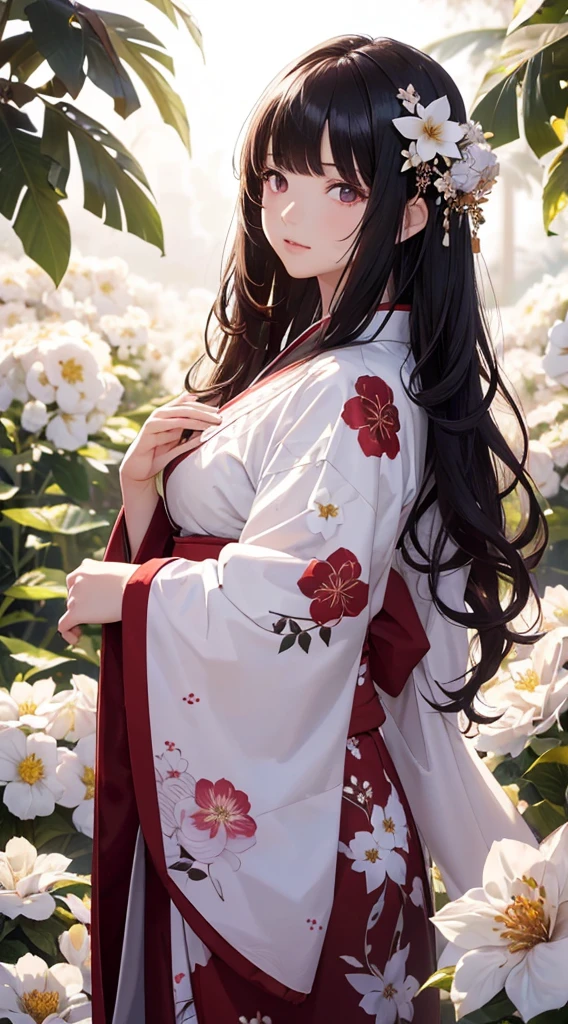 The background is a world of white flowers、(((Highest quality))), Tabletop, High resolution, (((One Girl))), ,Purple eyes、Long black hair,(((The bangs are wavy))),(((Red long hair ornament))),(Sharp face),Dark pink kimono、((Dark red floral kimono)), Tyndall effect, Realistic, Shadow Studio, red lighting, Dual Tone Lighting, (High Definition Skins: 1.2) Digital SLR, photograph, High resolution, 4K, 8K, Background Blur,Beautiful fade out、The background is a world of white flowers