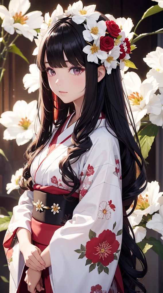 The background is a world of white flowers、(((Highest quality))), Tabletop, High resolution, (((One Girl))), ,Purple eyes、Long black hair,(((The bangs are wavy))),(((Red long hair ornament))),(Sharp face),Dark pink kimono、((Dark red floral kimono)), Tyndall effect, Realistic, Shadow Studio, red lighting, Dual Tone Lighting, (High Definition Skins: 1.2) Digital SLR, photograph, High resolution, 4K, 8K, Background Blur,Beautiful fade out、The background is a world of white flowers