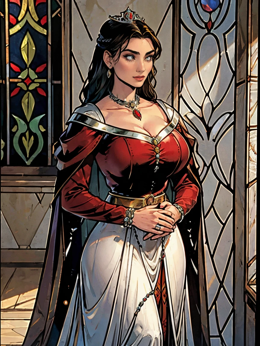 Beautiful and regal, imperious and aloof, busty athletic (thin) brunette queen with sharp facial features wearing a modest updo, dark red medieval dress, long sleeves, intricate patterns, scrollwork, wide neck, crown, veil, long dress, modest dress, tight bodice, (silver waist chain), medieval jewelry, Middle Ages, castle, rampart, wall, stained glass