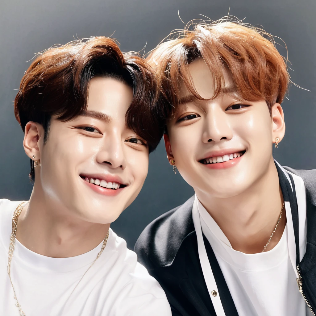 Jungkook and Jimin as happy couple, Photorealism, Realistic Photo, Real Photo, 26K