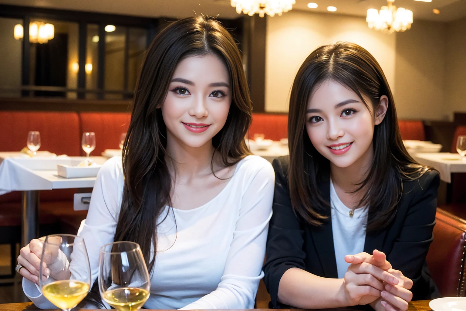 ((Highest quality、8K、masterpiece:1.3))、Shortcuts、cute、slimカップル、modelカップル、actress男優、(Realistic, Intricate details:1.2), full-course dinner、Wine Party、Amazing view of the sunset sky and clouds、A bright smile、short hair,Bright Face、45 years old), 42 years old, red wine 、Appetizers、Italian food、Wine bottle、Champagne、sparkling wine、Two beauties、Brown Hair、Shortcuts、Long sleeve shirt、dress、Beautiful woman 1, (slimな顔), (The body is slim), (Brown Hair), (Shortcuts), cheeks turn a little red,Attractive beauty、restaurant, In a prominent place (From the waist up) Nova Frog Style, actress, model, Upper Body, White wine, slim, wine glass, 中央に置かれたwine glass, smile, (smile: 1.15), Beautiful fine grain, Depth f/2,saturation, High Contrast, Strong light and shadow,Moist Body:1.5、3D texture、Delicate eyes、Brown Hair、The hair is very shiny、