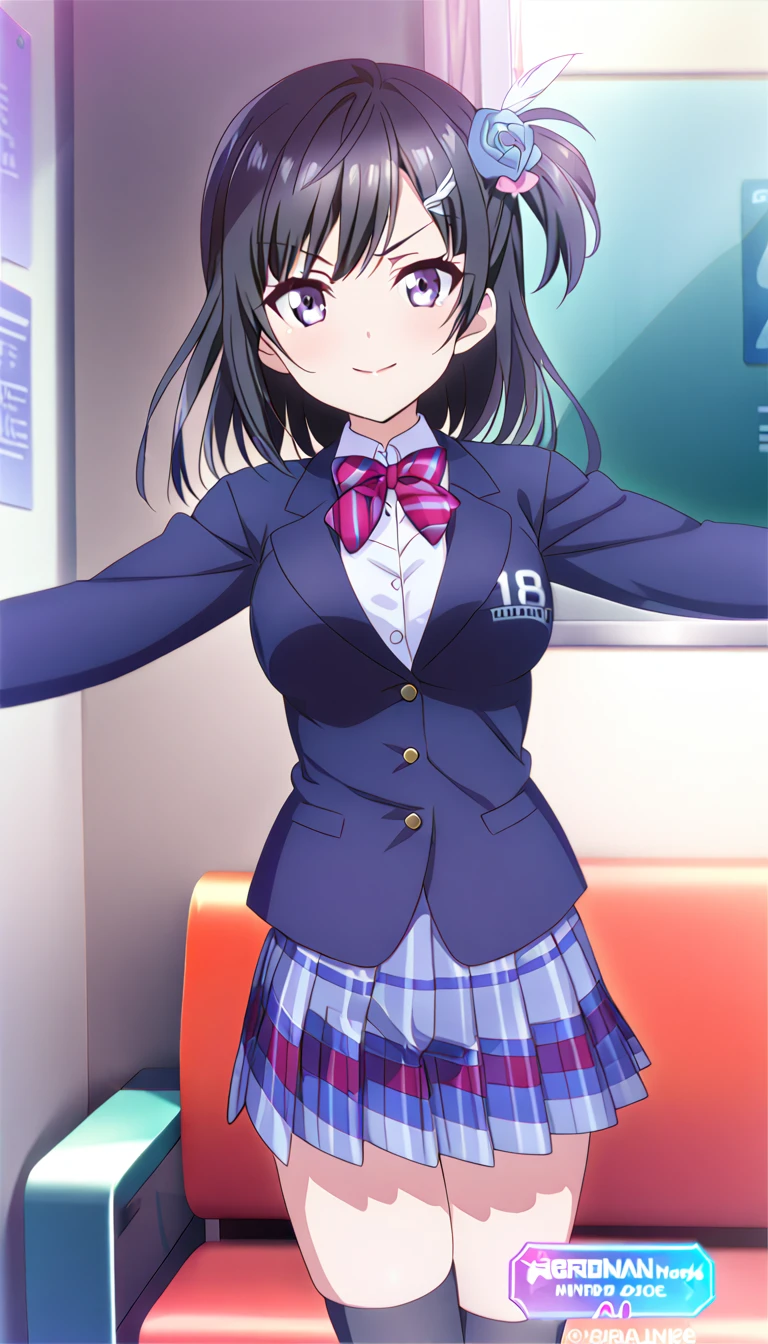 masterpiece, best quality, one side up, feather hair ornament, hair flower, white gloves, legwear, thighhighs, serious smile,closed mouth, (1girl), (solo), otonokizaka ,winter uniform, red striped bow tie, navy blue blazer, blue striped pleated skirt,from front, in live waiting room, spread arms, BREAK score_9, score_8_up, score_7_up, score_6_up, source_anime 