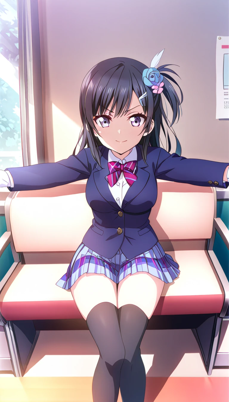 masterpiece, best quality, one side up, feather hair ornament, hair flower, white gloves, legwear, thighhighs, serious smile,closed mouth, (1girl), (solo), otonokizaka ,winter uniform, red striped bow tie, navy blue blazer, blue striped pleated skirt,from front, in live waiting room, spread arms, BREAK score_9, score_8_up, score_7_up, score_6_up, source_anime 