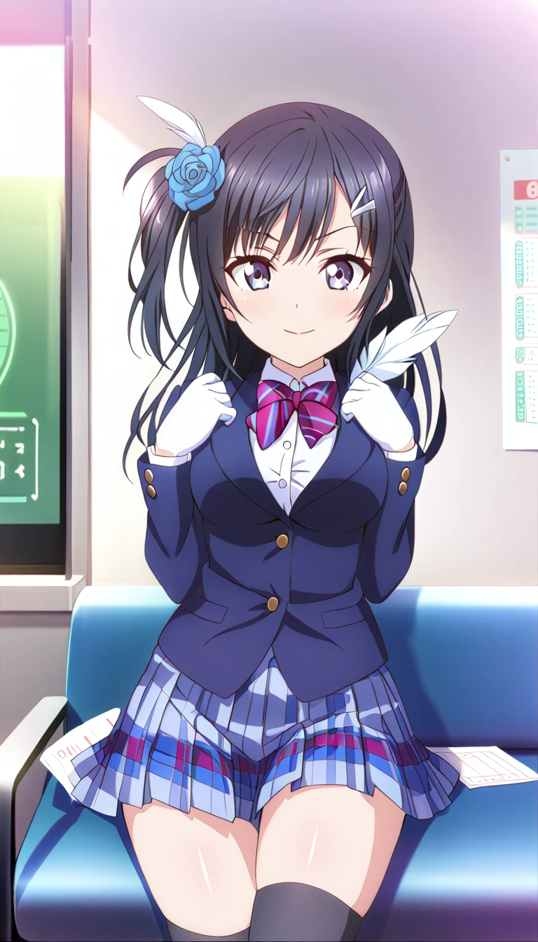 masterpiece, best quality, one side up, feather hair ornament, hair flower, white gloves, legwear, thighhighs, serious smile,closed mouth, (1girl), (solo), otonokizaka ,winter uniform, red striped bow tie, navy blue blazer, blue striped pleated skirt,from front, in live waiting room, spread arms, BREAK score_9, score_8_up, score_7_up, score_6_up, source_anime 