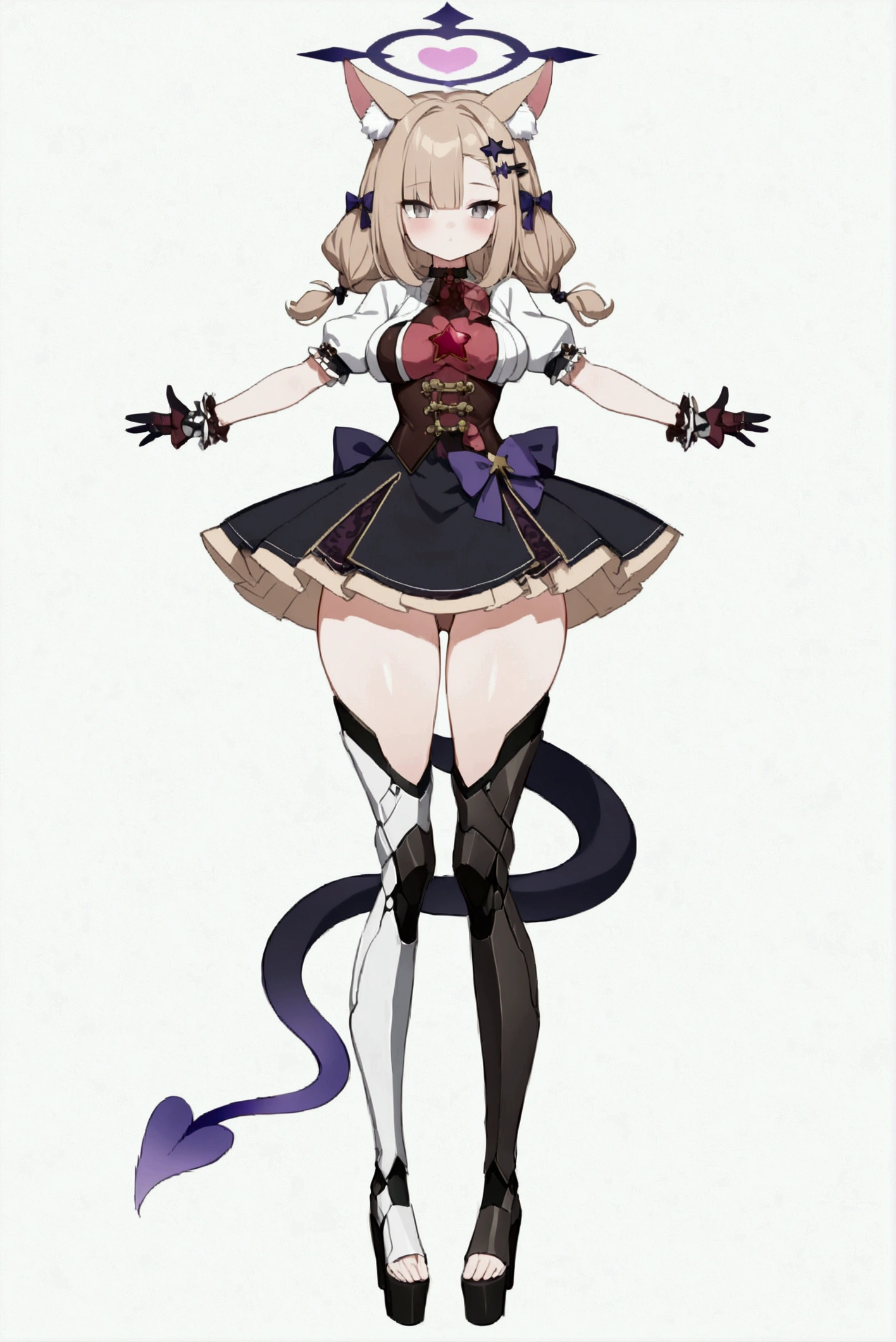 woman 170 cm tall, medium chest, wide hip, slim build, charming look, ((whole body)), (((character design sheet: front view))), (dark blonde hair, ((hip length wavy hair, asymmetrical bangs, star hairpin)), (She has a short braid tied with an elegant purple ribbon on the left side of her hair above her chest), (She has a short braid tied with an elegant purple ribbon on the right side of her hair above her chest), She has small hair bows in the back of her hair), ((Gray eyes with a pink 4-pointed star in the pupil)), (Two black and purple fox ears located on the top of the head), (Luminous black horizontal halo with purple star patterns above head), He has a black collar with a heart emblem on his neck., (Elegant long one piece dress, Thigh-length lace and ruffle skirt, large bow at the back of the hip, ribbon decorations and star patterns on the dress), black ruffled gloves, Black platform heels, gray belt at the waist with a large ribbon with a luminous pink heart in the middle, ((It has a thin succubus tail that ends in the shape of a heart)), (((It has complex mechanical legs that reach up to the thighs and are black with small purple and red details.))), extremely detailed beautiful hair, beautiful detailed dress, extremely detailed arms, extremely detailed face, Extremely detailed hands, small face, Beautiful detailed eyes, beautiful detailed lips, adorable, extremely detailed legs, (Best Quality, 4k, high resolution), ultra detailed, Exquisite and epic character art, ((White background)), (Focus on symmetry).
