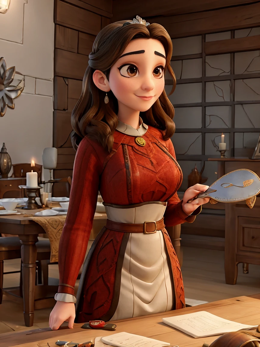 Beautiful and regal, imperious and aloof, busty athletic (thin) brunette queen with sharp facial features wearing a modest updo, dark red medieval dress, long sleeves, intricate patterns, scrollwork, wide neck, crown, veil, long dress, modest dress, tight bodice, (silver waist chain), medieval jewelry, Middle Ages, castle, rampart, wall, stained glass