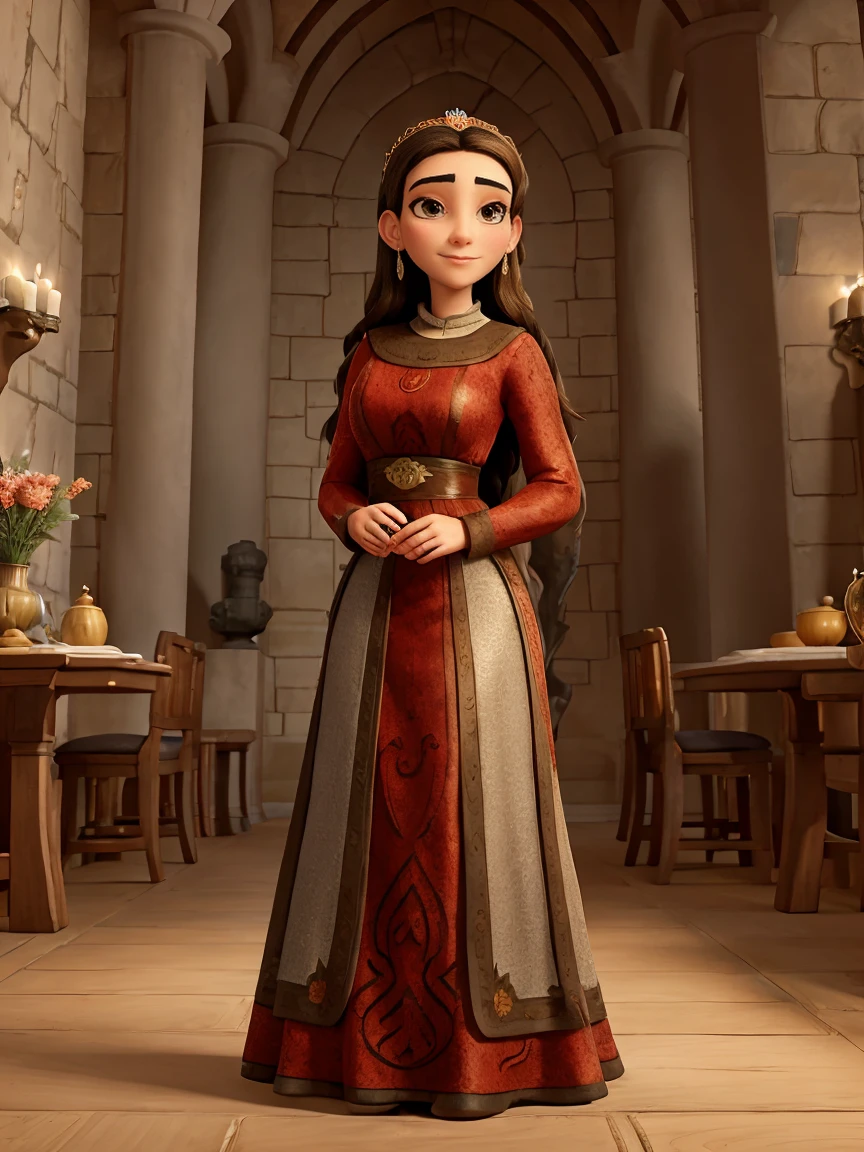 Beautiful and regal, imperious and aloof, busty athletic (thin) brunette queen with sharp facial features wearing a modest updo, dark red medieval dress, long sleeves, intricate patterns, scrollwork, wide neck, crown, veil, long dress, modest dress, tight bodice, (silver waist chain), medieval jewelry, Middle Ages, castle, rampart, wall, stained glass