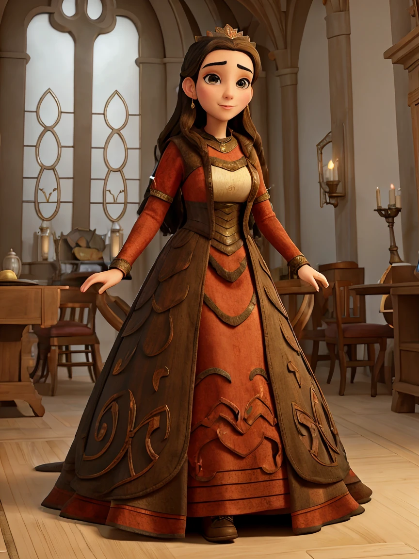 Beautiful and regal, imperious and aloof, busty athletic (thin) brunette queen with sharp facial features wearing a modest updo, dark red medieval dress, long sleeves, intricate patterns, scrollwork, wide neck, crown, veil, long dress, modest dress, tight bodice, (silver waist chain), medieval jewelry, Middle Ages, castle, rampart, wall, stained glass