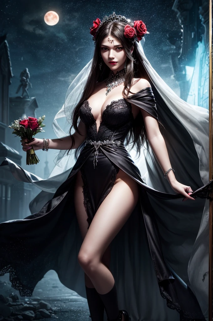 In the night graveyard near the open coffin standing beatiful pale bride female, she have pale skin, beatiful face with silver eyes dark red lipstick black eyeshadows and black tear trace on her face, her haie is black as the darkest night, she dressed in old wedding dress with holes and blood stains and bare feets, in her hands she holding withered black rose bouquet, she have greennish glow aura around her, there is blood moon in the sky,(ultra high quality fantasy art, ghothic dark fantasy style, masterpiece, ultra high quality character design, 8k quality anime art, realistic anime art, top quality wallpaper illustration, detailed ultra high quality accurate face, high quality design and accurate physic)
