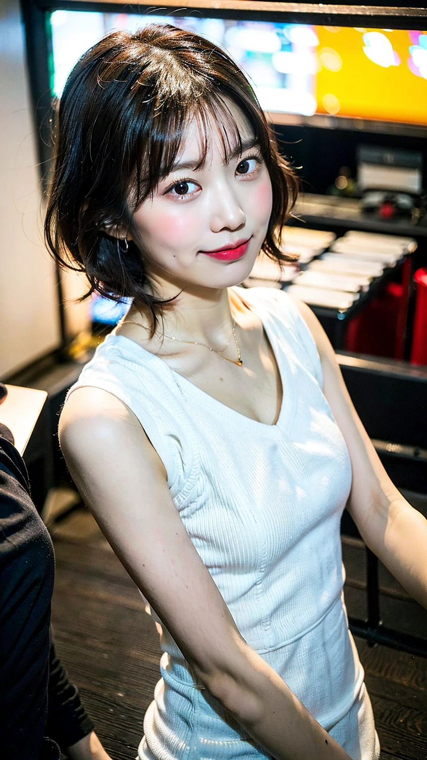 (Highest quality, 8K, 32k, masterpiece, Ultra-high resolution: 1.2), Cute Japanese Women Photos, Very short bob hair, whole body, Extra Large_one piece, necklace, Simple Background, From above, Observe the audience,(Film aesthetics:1.4) Bokeh urban night photo of a beautiful fashion model、whole bodyモデルポーズ