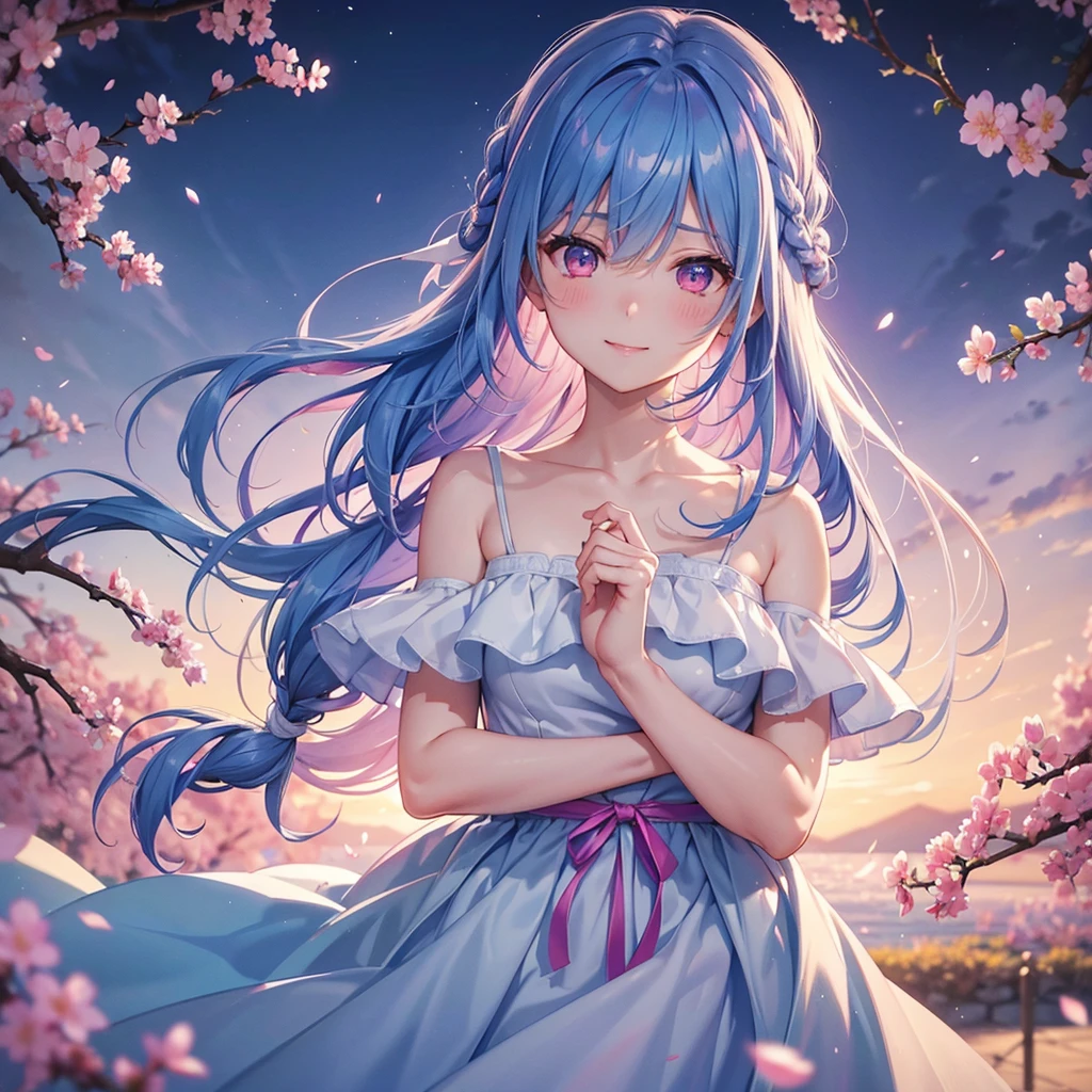(Sky blue medium hair),(Braided hair tied together)、Pink eyes、Fair skin、(whole body)、(One Girl)、(suit)、Cherry Blossoms at Night、A big smile、、(masterpiece、Highest quality、Very detailed、Best Shadow)、(Detailed Background)、(Beautifully detailed face)、High contrast、(Best lighting、Very delicate and beautiful)、((Cinematic Light))、colorful、Hyper Detail、Dramatic Light、Exquisite detail、