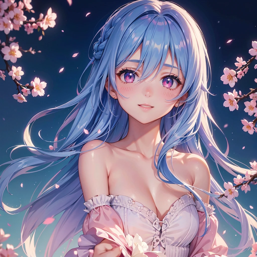 (Sky blue medium hair),(Braided hair tied together)、Pink eyes、Fair skin、(whole body)、(One Girl)、(suit)、Cherry Blossoms at Night、A big smile、、(masterpiece、Highest quality、Very detailed、Best Shadow)、(Detailed Background)、(Beautifully detailed face)、High contrast、(Best lighting、Very delicate and beautiful)、((Cinematic Light))、colorful、Hyper Detail、Dramatic Light、Exquisite detail、