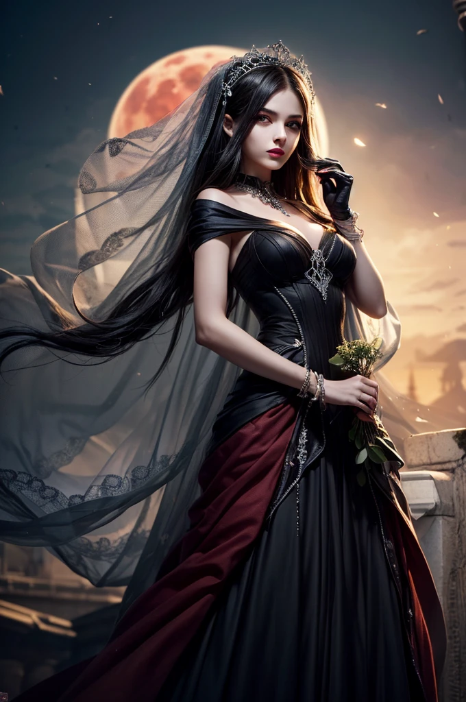 In the night graveyard near the open coffin standing beatiful pale bride female, she have pale skin, beatiful face with silver eyes dark red lipstick black eyeshadows and black tear trace on her face, her haie is black as the darkest night, she dressed in old wedding dress with holes and blood stains and bare feets, in her hands she holding withered black rose bouquet, she have greennish glow aura around her, there is blood moon in the sky,(ultra high quality fantasy art, ghothic dark fantasy style, masterpiece, ultra high quality character design, 8k quality anime art, realistic anime art, top quality wallpaper illustration, detailed ultra high quality accurate face, high quality design and accurate physic)
