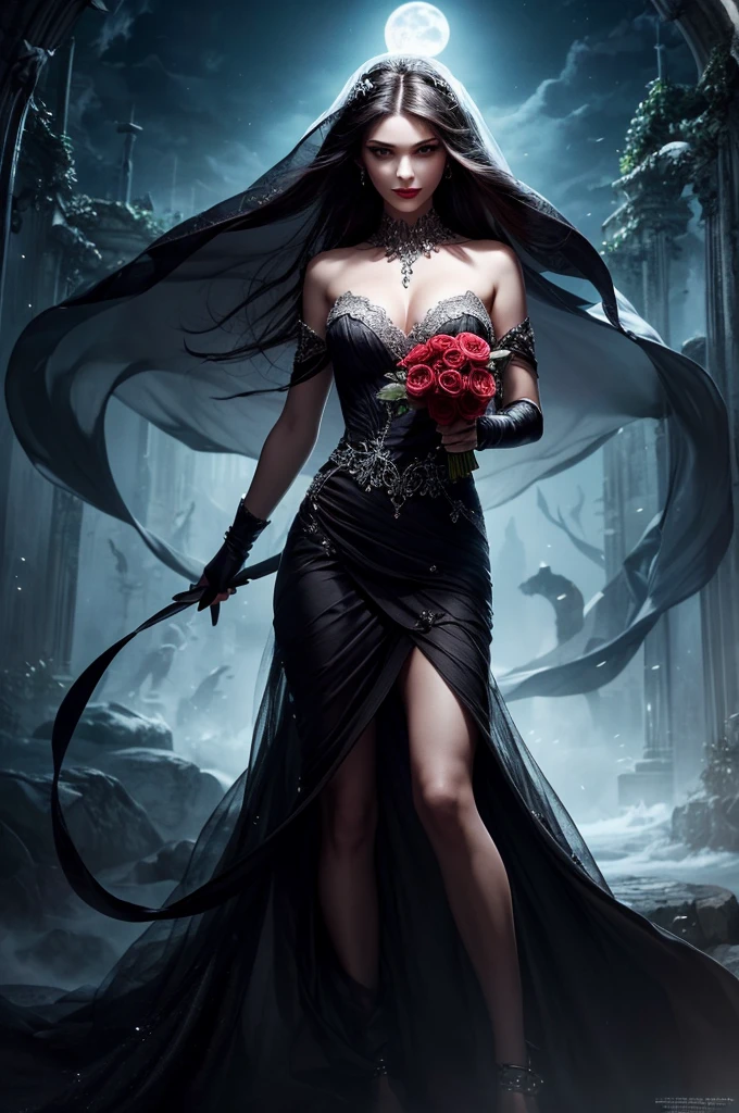 In the night graveyard near the open coffin standing beatiful pale bride female, she have pale skin, beatiful face with silver eyes dark red lipstick black eyeshadows and black tear trace on her face, her haie is black as the darkest night, she dressed in old wedding dress with holes and blood stains and bare feets, in her hands she holding withered black rose bouquet, she have greennish glow aura around her, there is blood moon in the sky,(ultra high quality fantasy art, ghothic dark fantasy style, masterpiece, ultra high quality character design, 8k quality anime art, realistic anime art, top quality wallpaper illustration, detailed ultra high quality accurate face, high quality design and accurate physic)