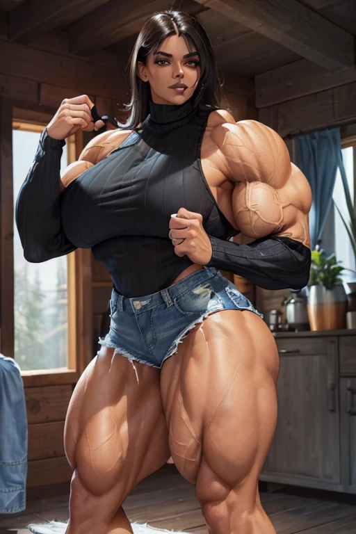 (((((Massive tall beautiful, buff, light brown skinned muscular woman with black hair, black lipstick, ginormous bulky muscles and wearing a black long sleeve turtleneck sweater and beautiful denim shorts))))), (close view), massive muscles, massive biceps, hyper muscle shoulders, hyper muscle triceps, (long straight hair), orange eyes, ((black long sleeve turtleneck sweater)), ((beautiful denim shorts)), (socks and sneakers), sensual smile, (in a cabin at night), hyper muscles arms, hyper muscle legs, massive arms