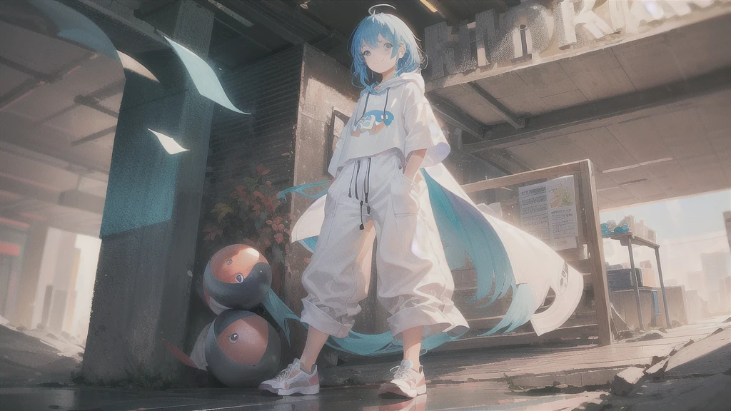 (QUALITY:0)
8k, 8k wallpaper, (an extremely delicate and beautiful:1.1), (beautiful detailed eyes:1.3), (best illustration:1.1), (best quality:1.3), (best shadow:1.1), (cinematic lighting:1.2), detailed eyes, (detailed_light:1.1), (dreamy:1.1), (extremely detailed CG unity 8k wallpaper:1.1), highres, (masterpiece:1.3), official_art, ray tracing, (stylized:1.3), trending on artstation, (ultra_detailed:1.2)
(STYLE & COMPOSITION:0)
1boy, (from_below, full_body:1.4), solo
(POSE & EXPRESSION:0)
A young 17 year old Pokémon Trainer named Zephyr, with bright blue eyes, sun-kissed skin, wearing white sneakers, a white t-shirt with lace-up detailing at the neckline, black hoodie pants with pockets overflowing with Pokéballs, windblown white messy hair with blue highlights and bangs partially held back, smiling, looking_at_viewer, standing, unamused
(CHARACTER:0)
aqua_eyes, ,
(BACKGROUND:0)
(TEXTUAL INVERSION:0)