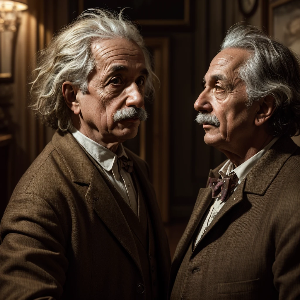 a portrait of albert einstein conversing with a time traveler, extremely detailed face, ultra-detailed, 8k, hyperrealistic, photorealistic, dramatic lighting, cinematic, award-winning, digital art, highly detailed, intricate details, chiaroscuro, renaissance painting style, dramatic shadows, vibrant colors, warm color palette