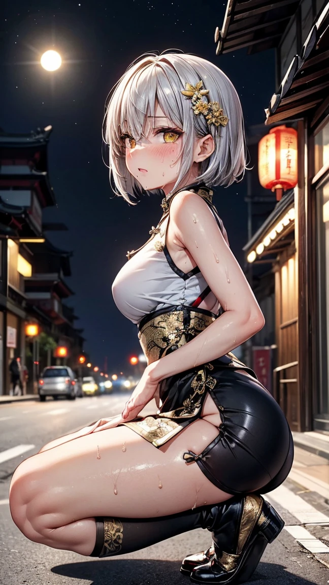 Young girl 22 years old, short silver bob hair, hair flower, sharp bangs between the eyes, yellow eyes, eyes large, ((traditional chinese imperial clothes black with gold details,)) red skirt, black thigh high socks. view from side, side point of view, fully body, crouched on the street of a Japanese city, at night, with full moon in the background, light reflecting on the sexy and sweaty body. (((sweat)))