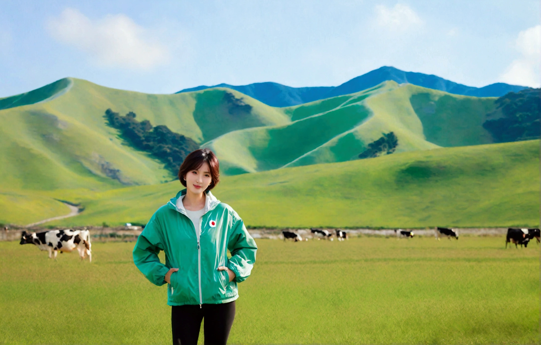 high quality, 1 woman, ((36-year-old healthy Korean woman)), ((36 years old)), 1 woman, eyes are big and beautiful. ((slim)), ((short medium hair)), Smile. pose: standing, gray and light green luxury brand windbreaker jacket, background: 1 woman, California, USA, pasture, Cow, grass, Dawn fog. Full body shot with 16-34 wide angle lens, looking up the side, morning red sunlight, Make the whole body visible