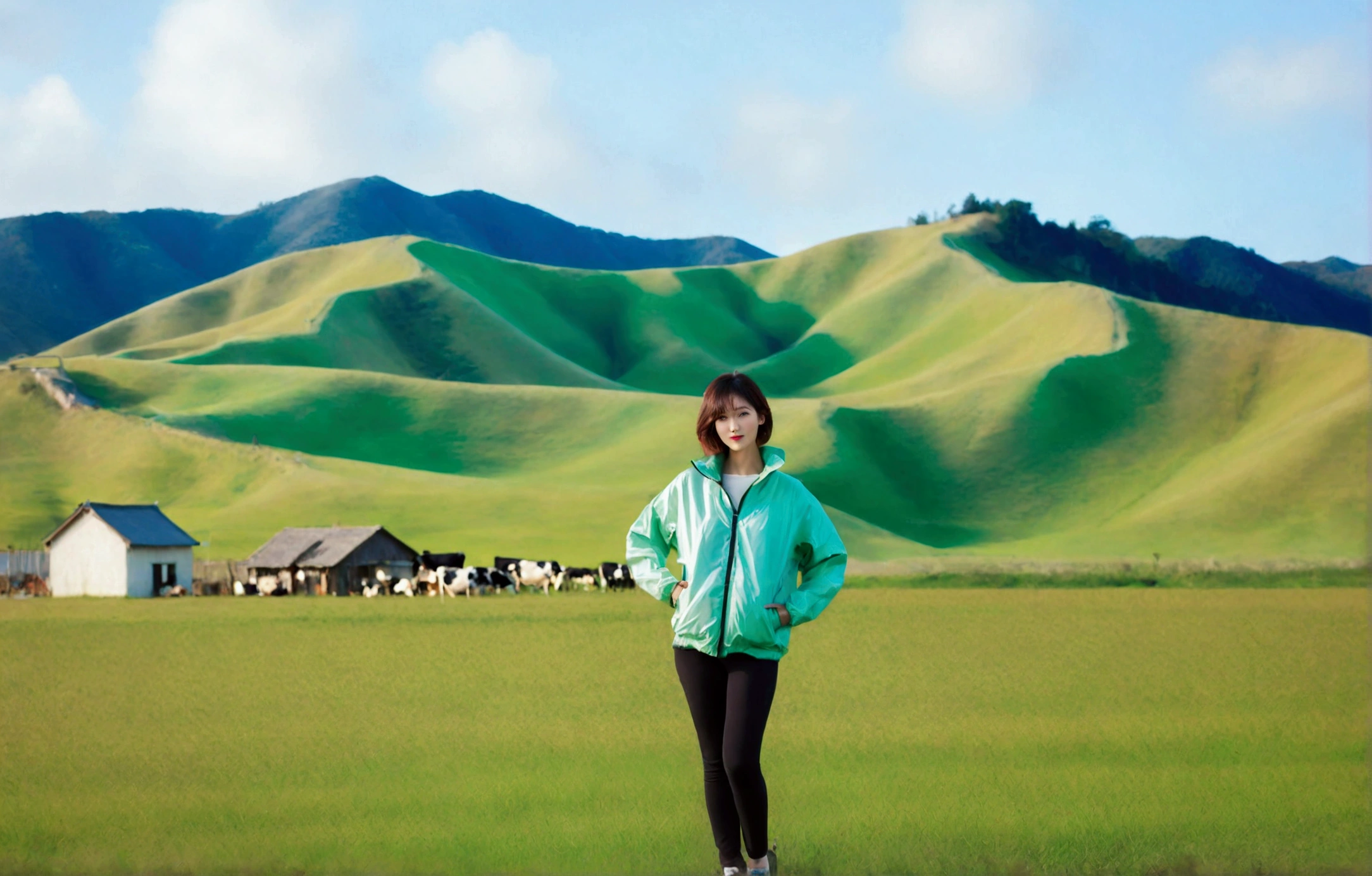 high quality, 1 woman, ((36-year-old healthy Korean woman)), ((36 years old)), 1 woman, eyes are big and beautiful. ((slim)), ((short medium hair)), Smile. pose: standing, gray and light green luxury brand windbreaker jacket, background: 1 woman, California, USA, pasture, Cow, grass, Dawn fog. Full body shot with 16-34 wide angle lens, looking up the side, morning red sunlight, Make the whole body visible