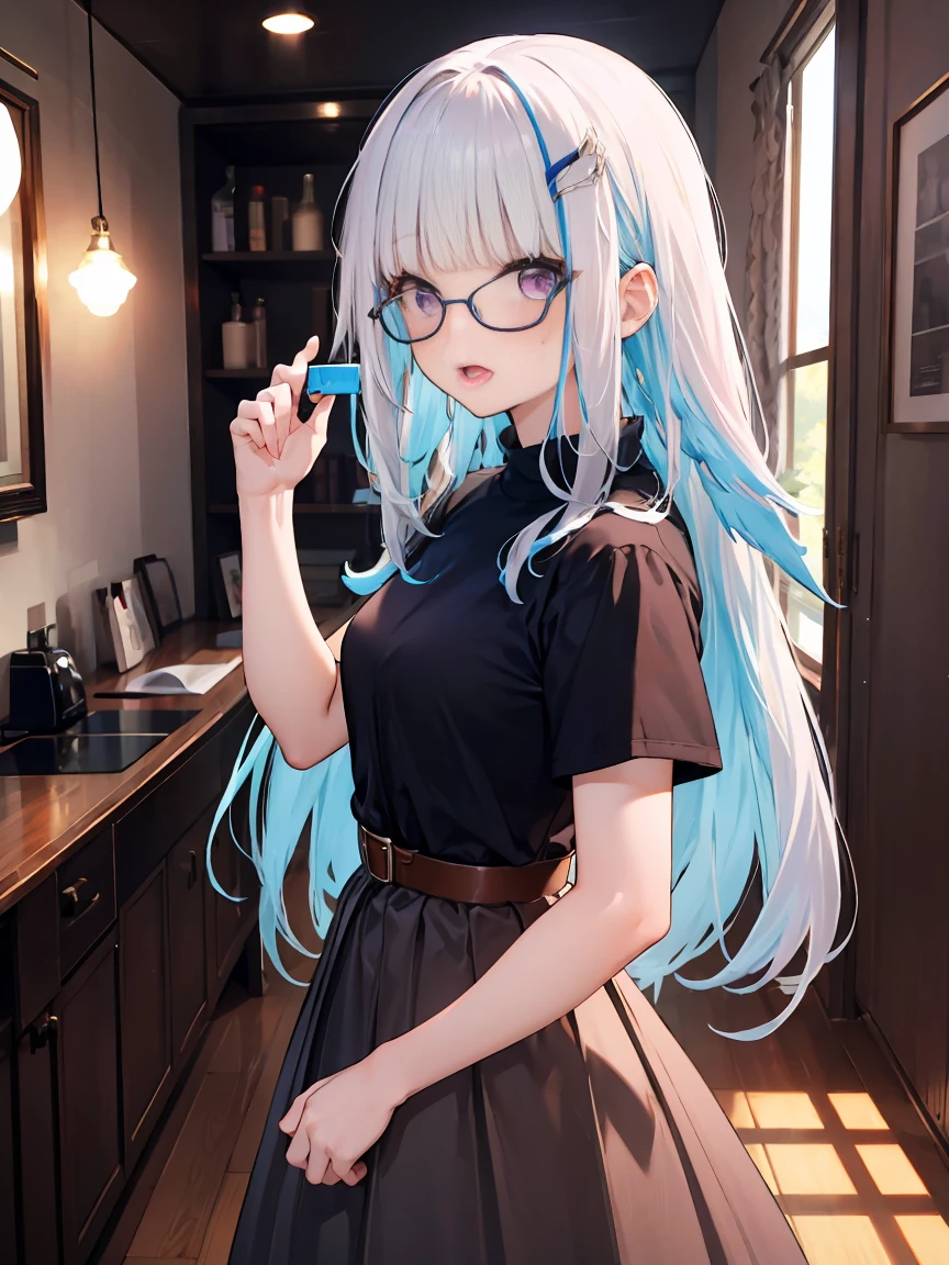 a woman with long brown hair and glasses posing for a picture in a white shirt, 1girl, solo, long hair, skirt, open mouth, shirt, looking at viewer, black shirt, blush, mole, belt