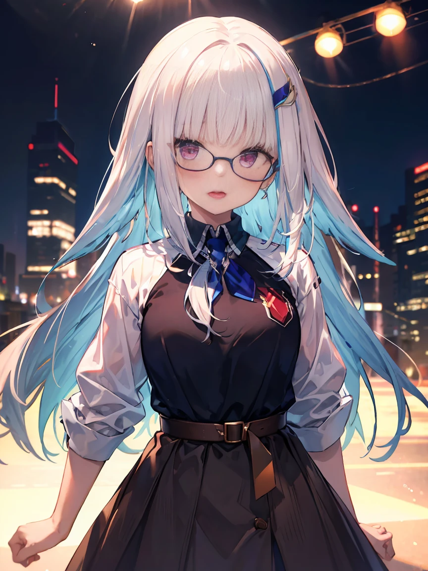 a woman with long brown hair and glasses posing for a picture in a white shirt, 1girl, solo, long hair, skirt, open mouth, shirt, looking at viewer, black shirt, blush, mole, belt