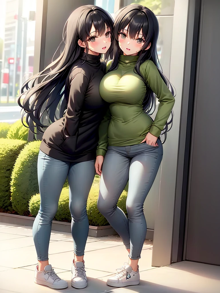 ,best quality, girl, in a sweatshirt, sneakers and jeans, masterpiece, long hair, black hairs, gray eyes, a slim body, couple, heads are kissing,(two heads).