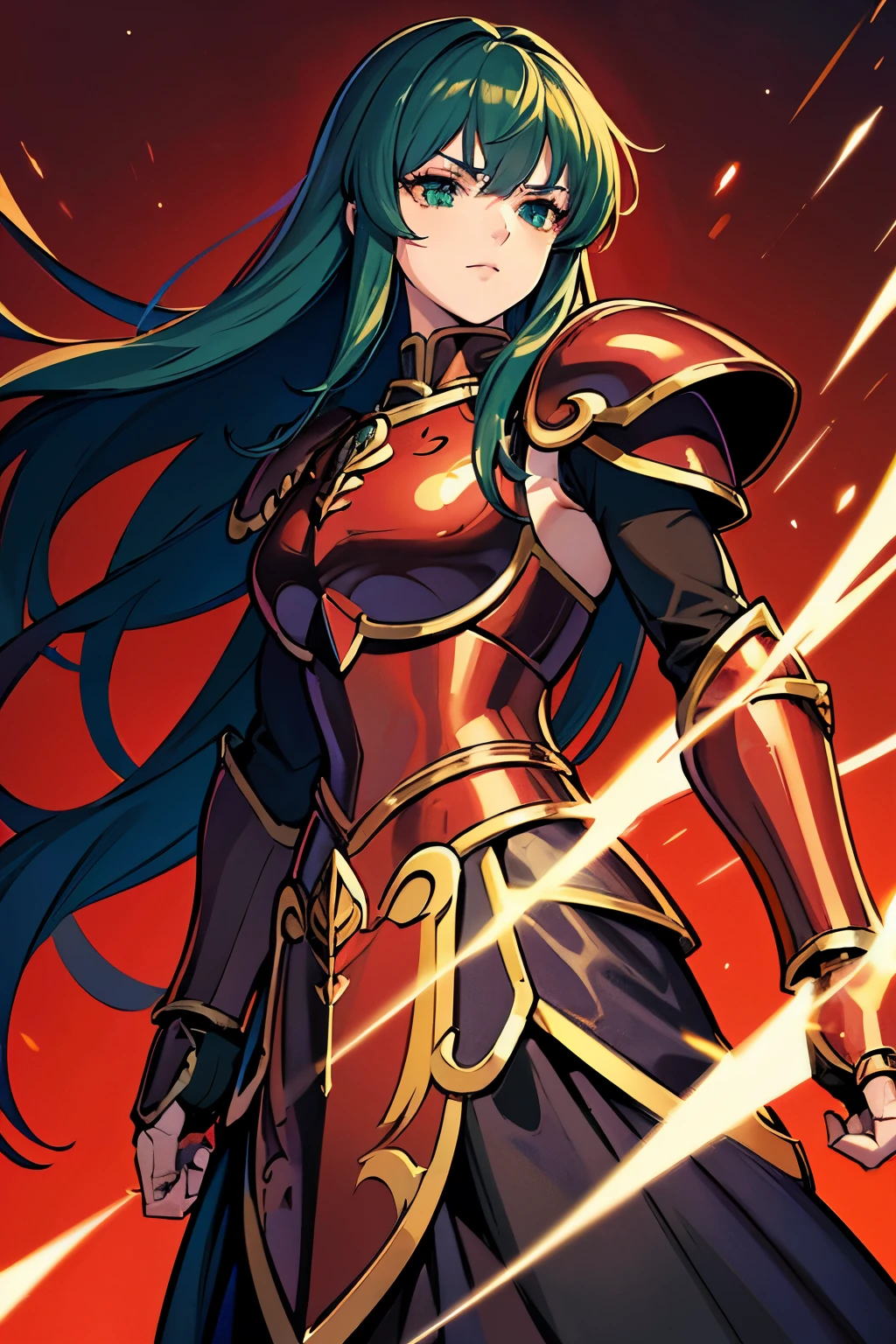 (high-quality, breathtaking),(expressive eyes, perfect face) 1female, Symmetrical Eyes, girl , solo, adult , portrait, dark green colored hair, red coloured eyes, stylised hair, neutral expression, soft smile, medium length hair, loose hair, side bangs, wavy hair, narrow eyes, looking at viewer, black armor, black and red clothing color palette, red trim, fantasy armor, corruption theme, Sasha Saint Seiya Lost Canvas, Goddess Athena, haunting red background, Saint Seiya Armor, full plate, long sleeved shirt, gauntlets, shoulder pads, BlackKnight_fe
