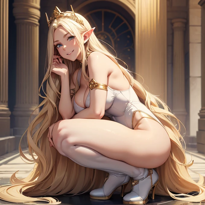 (absurdres, best high quality image, carefuly detailed features and textures, very detailed image, front view) {{(1character: Elf queen 1.000 years old mature gold haired adult milf, beautiful face, sexy feminity, beautiful light blue eyes, voluptuous body, big breasts, huge butt, beautiful legs, golden long hair, golden eyebrows, lovely smile) (white one-piece leotard, white runing shoes, cleavage), (crouching, happy enjoying the moment))}}