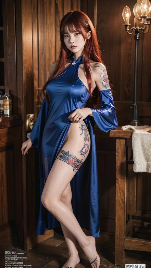 rating_questionable, rating_explicit, nsfw, /BREAK/ petite body, girl 18 years old, (pointy ears:0.8), long hair, (red hair), blue garnet colored eyes, big fake breasts, up body, tattoos, tattoo, /BREAK/ dramatic angle, unique perspective, unique angle, epiCRealism, hyper detailed, ultra detailed, hight resolution textures, masterpiece, best quality, 32K UHD, t4ts,full body, very tight leader dress, pantyhose, bare foot,
