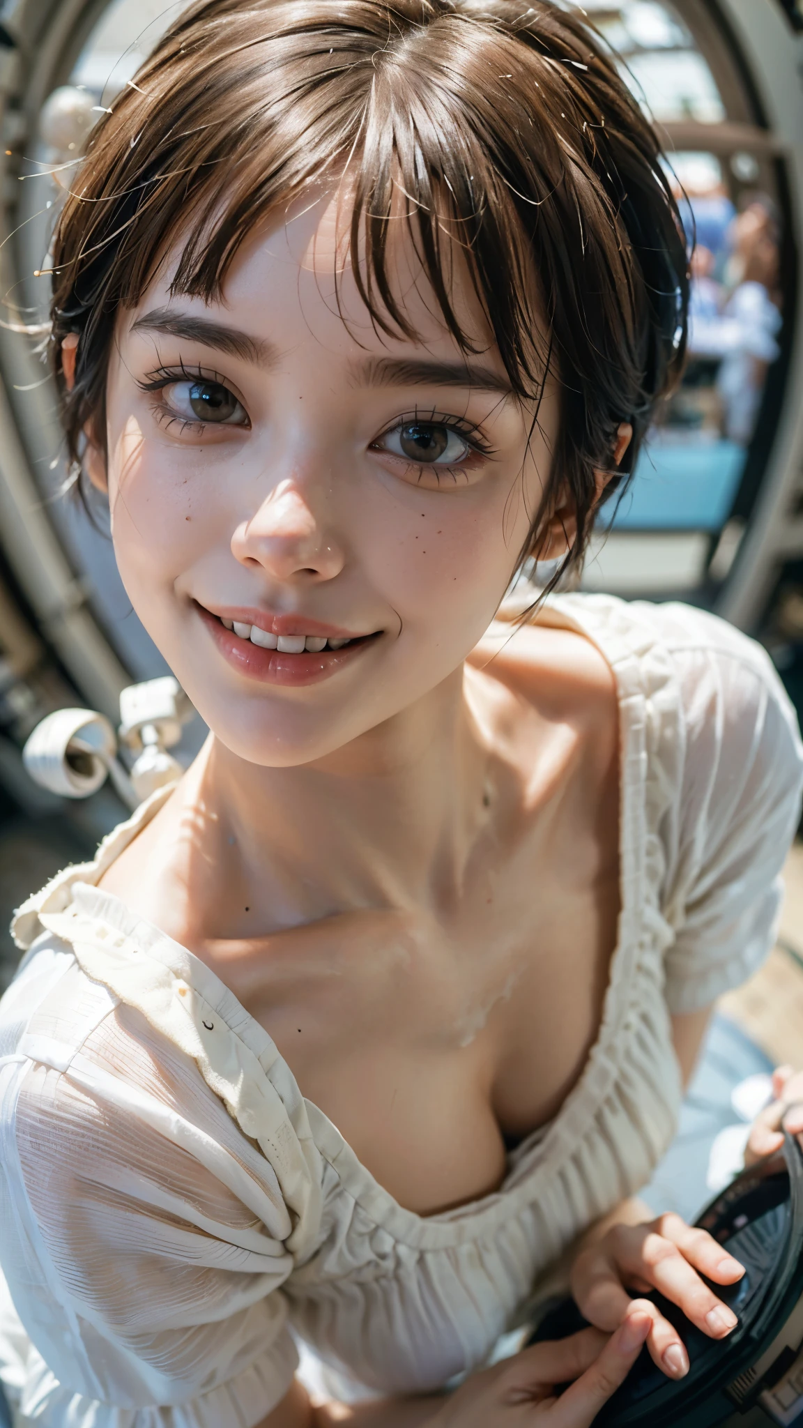 Highest quality, masterpiece, Ultra-high resolution,8K, (Realistic:1.6), (Close-up portrait:1.4) RAW Photos, ((Fashion in white tones)),((Up Facial)),girl,(Full of smiles, Showing teeth)), 22 years old,((short hair)),((Looking up at the audience)),Face Focus:1.4,((Shooting from above with a fisheye lens:1.4)),