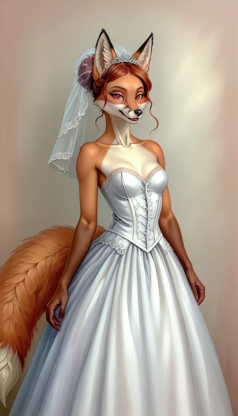 (zPDXL2),  score_9_up, painterly, faux traditional media, realistic, BREAK
1girl, solo, fullbody, (furry, fox:1.2), (long wavy hair, bun hairstyle), glowing red eyes, (fox ears, fox tail), tanned skin, wedding dress, wheat farm background, BREAK
AissistXLv2, unaestheticXL_bp5, SimplePositiveXLv2, zPDXL2 PonyXLV6_Scores