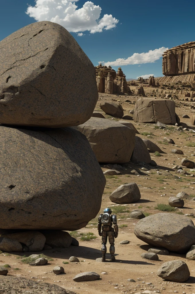 A hyper realistic high definition photo of a stone texture statue of a robot using a stone textured computer, while standing on a surreal uninhabitable planet full of large rocks at a distance.