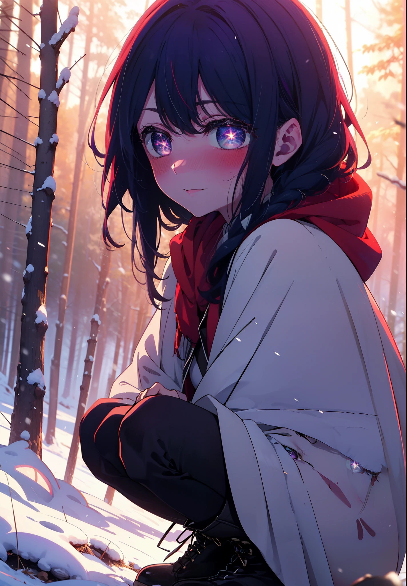 aihoshino, Ai Hoshino, Long Hair, bangs, (Purple eyes:1.1), Purple Hair, (Symbol-shaped pupil:1.5), smile,,smile,blush,White Breath,
Open your mouth,snow,Ground bonfire, Outdoor, boots, snowing, From the side, wood, suitcase, Cape, Blurred, , forest, White handbag, nature, Squat, Mouth closed, Cape, winter, Written boundary depth, Black shoes, red Cape break looking at viewer, Upper Body, whole body, break Outdoor, forest, nature, break (masterpiece:1.2), Highest quality, High resolution, unity 8k wallpaper, (shape:0.8), (Beautiful and beautiful eyes:1.6), Highly detailed face, Perfect lighting, Extremely detailed CG, (Perfect hands, Perfect Anatomy),