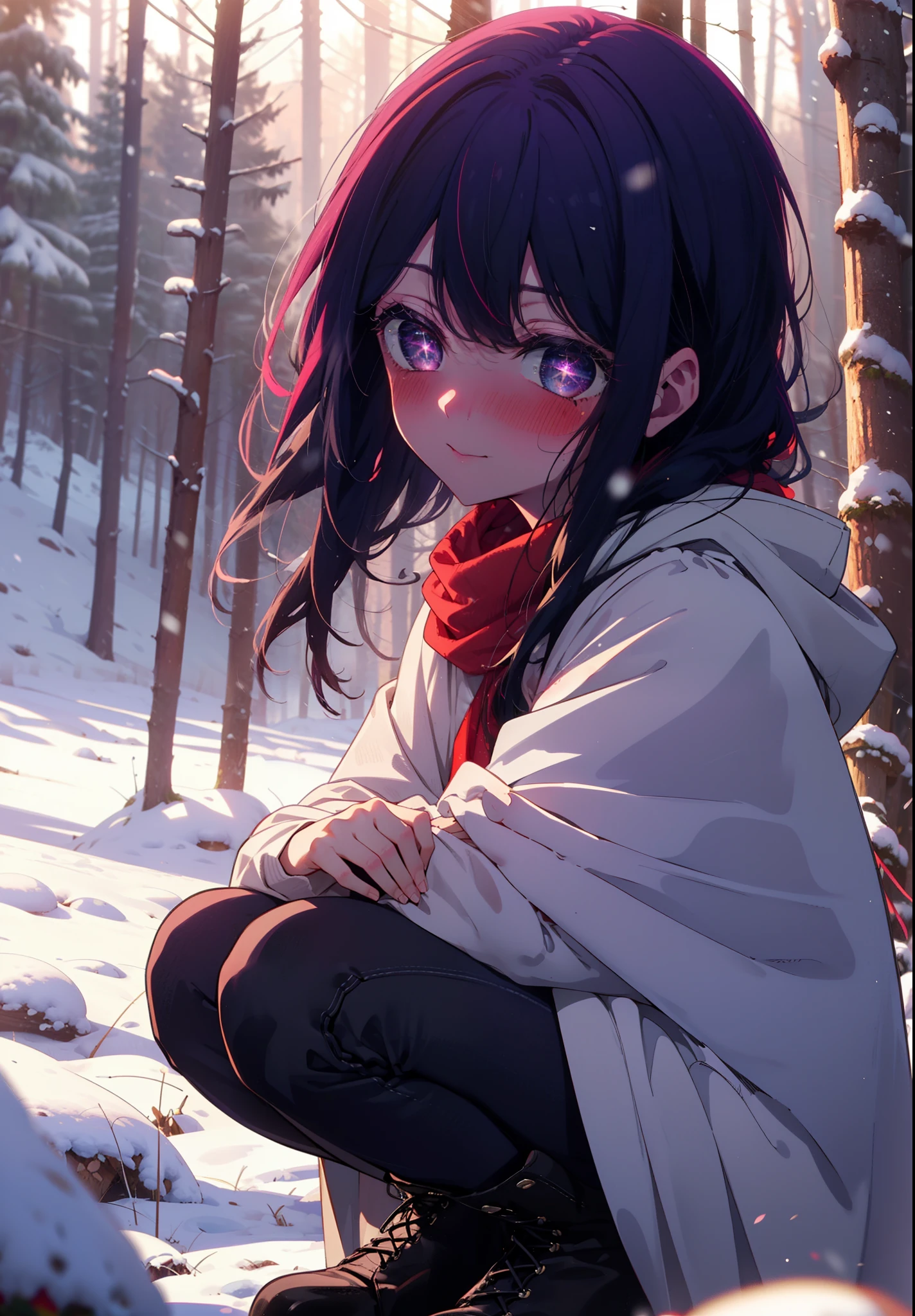 aihoshino, Ai Hoshino, Long Hair, bangs, (Purple eyes:1.1), Purple Hair, (Symbol-shaped pupil:1.5), smile,,smile,blush,White Breath,
Open your mouth,snow,Ground bonfire, Outdoor, boots, snowing, From the side, wood, suitcase, Cape, Blurred, , forest, White handbag, nature, Squat, Mouth closed, Cape, winter, Written boundary depth, Black shoes, red Cape break looking at viewer, Upper Body, whole body, break Outdoor, forest, nature, break (masterpiece:1.2), Highest quality, High resolution, unity 8k wallpaper, (shape:0.8), (Beautiful and beautiful eyes:1.6), Highly detailed face, Perfect lighting, Extremely detailed CG, (Perfect hands, Perfect Anatomy),