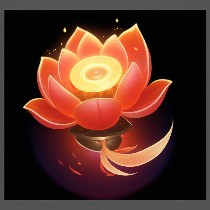 There is a red flower,There is a goldfish inside, Glowing delicate flowers, Programming art, Holy Flame Crown Spell, Artifact dota2, Programming, Magic spell icon, Programming painting, Has a blooming and ethereal effect, Programming concept art, lotus, Game Icon Assets, game icon Programming, holy fire spell art, holy fire spell art