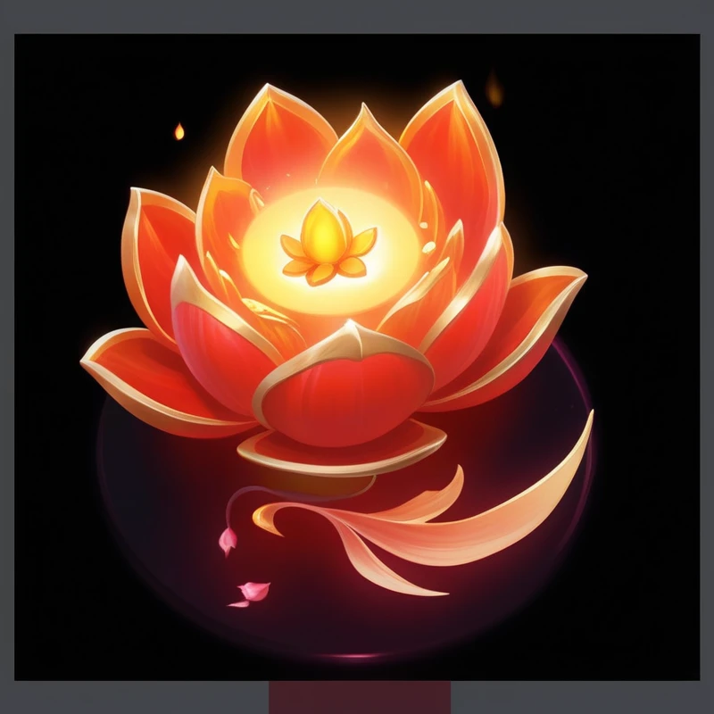There is a red flower,There is a goldfish inside, Glowing delicate flowers, Programming art, Holy Flame Crown Spell, Artifact dota2, Programming, Magic spell icon, Programming painting, Has a blooming and ethereal effect, Programming concept art, lotus, Game Icon Assets, game icon Programming, holy fire spell art, holy fire spell art