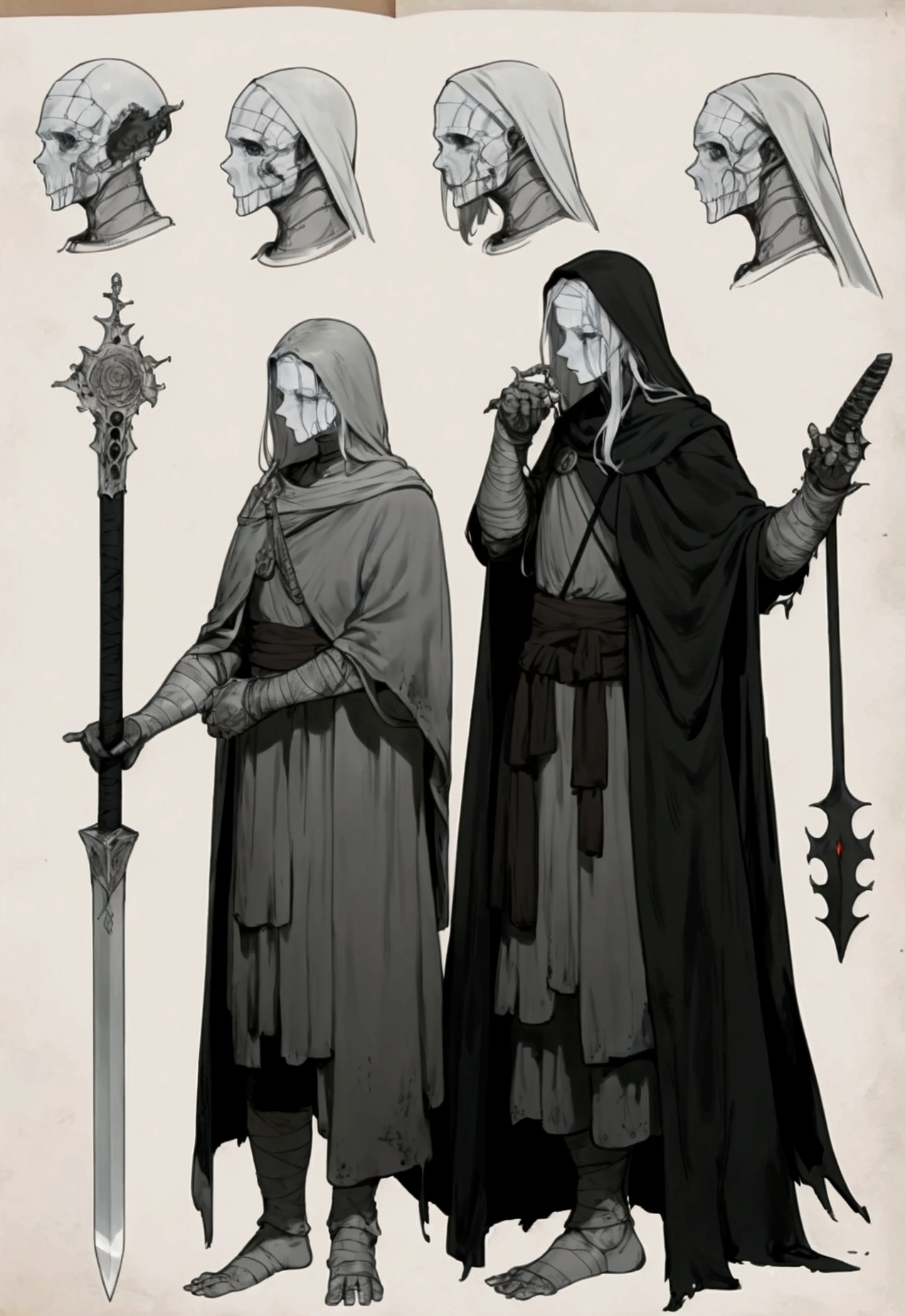 elden ring, dark souls, concept art sheet, items, weapons: Weak citizens that severely burn their outer skin because they feel they are not worthy enough  to have such pristine skin as their superiors. They are all covered in bandages and bare circular splints to support their weak bones.