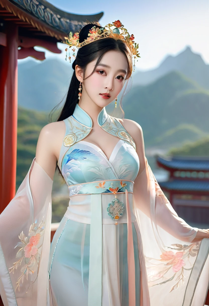 (mountain range in background, Rios, Auspicious clouds, kiosk, rays of sunshine, tmasterpiece, super detailing, Epic work, hyper HD, high high quality, Very meticulous) Hanfu woman,Phoenix Crown Tiara、Meticulous embroidery、Wear Hanfu、Wearing sleeveless Hanfu、Skin transparent and visible,humongous large breast,(8K、quality、tmasterpiece:1.8)、(intricately details:1.8)、(Real-sense:1.8)、octane renderings、Complex 3D Rendering Ultra Detail, Studio soft light, Edge lights, vibrant detail, super detailing, skin texture, Detailed facial details, beautidful eyes, Very detailed CG Unity 16k wallpaper, cosmetics, (detailedbackground:2.0), Beautiful pink hanfu,White transparent Hanfu underwear ,White transparent Hanfu underwear retreats to the crotch,Overflow of,Very beautiful slender legareleged,Random systemic exposure,extreme exhibitionist,(((Systemic random exposure))),Skin glows、spread your legs,Camel toe showing thigh!!!、
