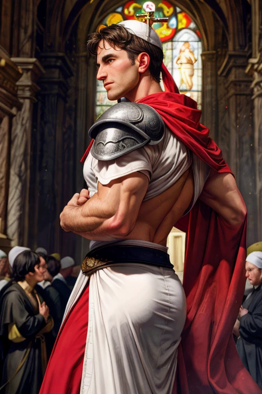 looking back, DariusFerdynand wearing well-fitted sleeveless red and white sheer tight Roman-Catholic-pope robe-armor, looking at viewer, peaceful and righteous expression, dynamic pose BREAK St. Peter's Basilica, Vatican, BREAK heroic, religious motifs, Chiaroscuro, Renaissance art, ecclesiastical power, BREAK realistic, cinematic, best quality, detailed background, depth of field, intricate details