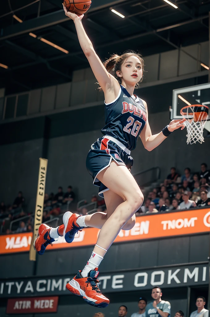 (((best quality))), (((ultra detailed))), (((masterpiece))), illustration, ((1girl,female basketball player,solo)),(slam dunk:1.3),(dunking in the air:1.3), intensity, determined expression, flushed face, perspiration, almond-shaped eyes, mesh jersey, team name and number, form-fitting shorts, athletic build, high-top basketball shoes, indoor basketball gym, well-lit, wooden floor, scoreboard, spectators, stands, action, impact, ball through the hoop, victory, achievement, dedication, skill,(basketball:1.3)